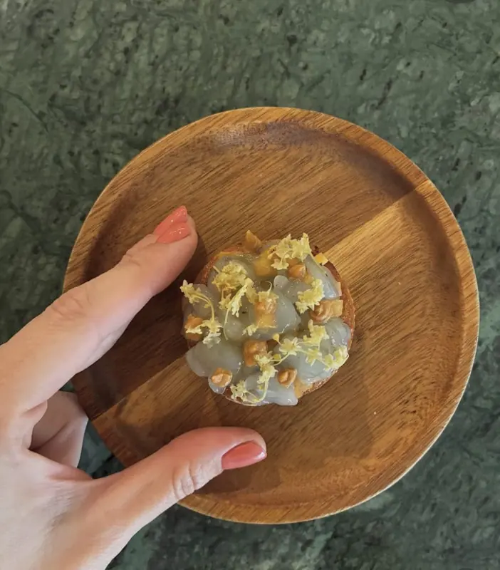 Apricot, elderflower and prawn snack